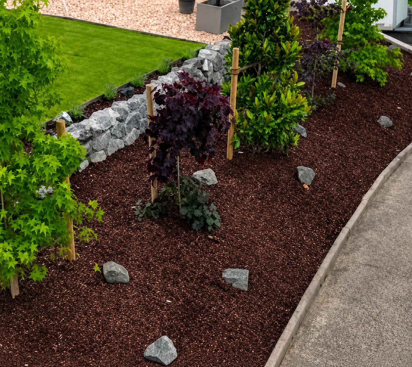 Neu bepflanztes Gartenbeet mit Natursteinen und sauberer Einfassung